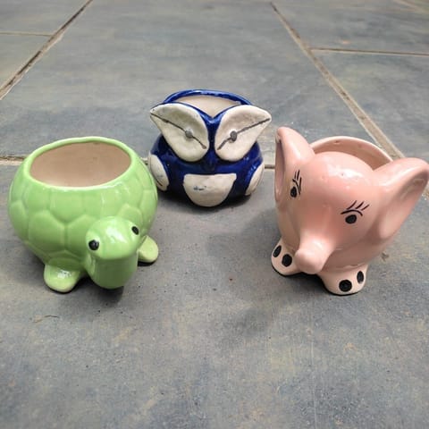 Set of 3 - 2 Inch Cute Tortoise, Owl & Elephant Designer Ceramic Pot (any colour)