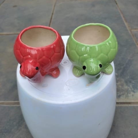 Set of 2 - 2 Inch (Red & Green) Tortoise Designer Ceramic Pot