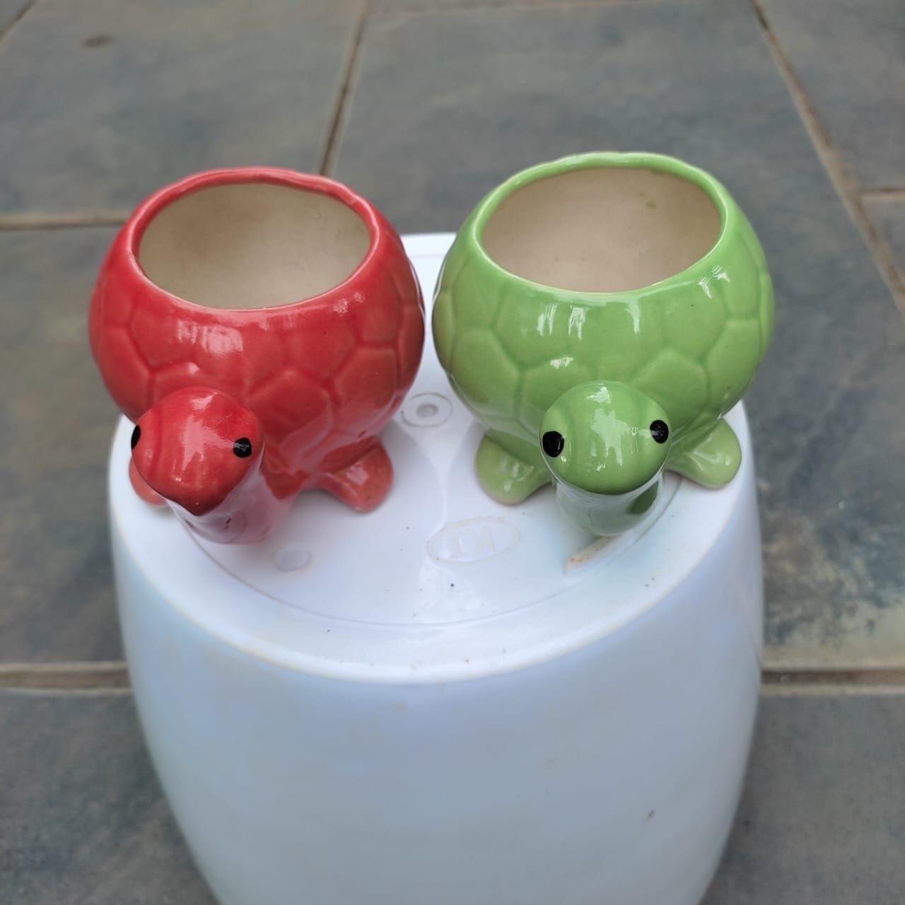 Set of 2 - 2 Inch (Red & Green) Tortoise Designer Ceramic Pot