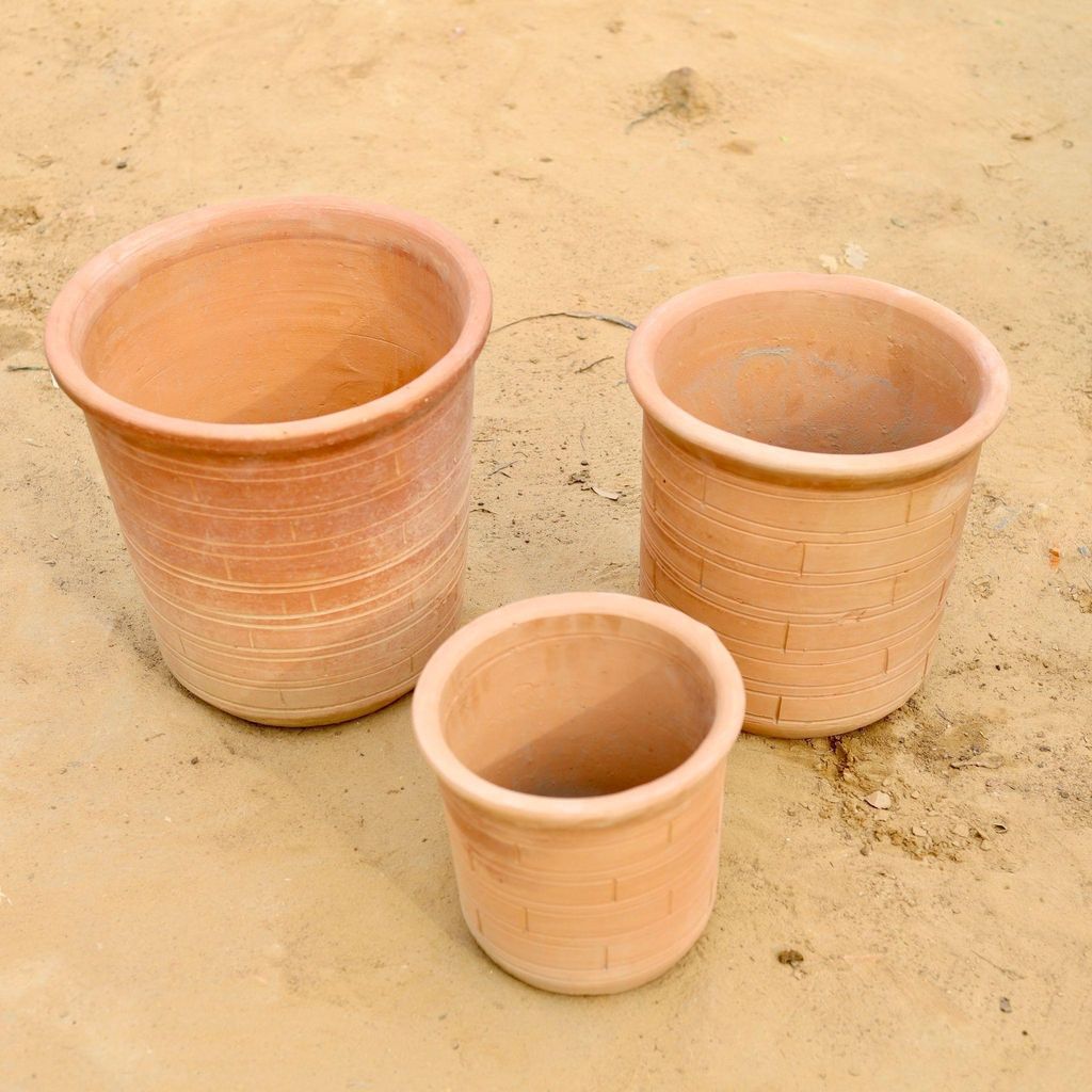 Set of 3 - (8,12,14 Inch) Bricks Designer Clay Pot