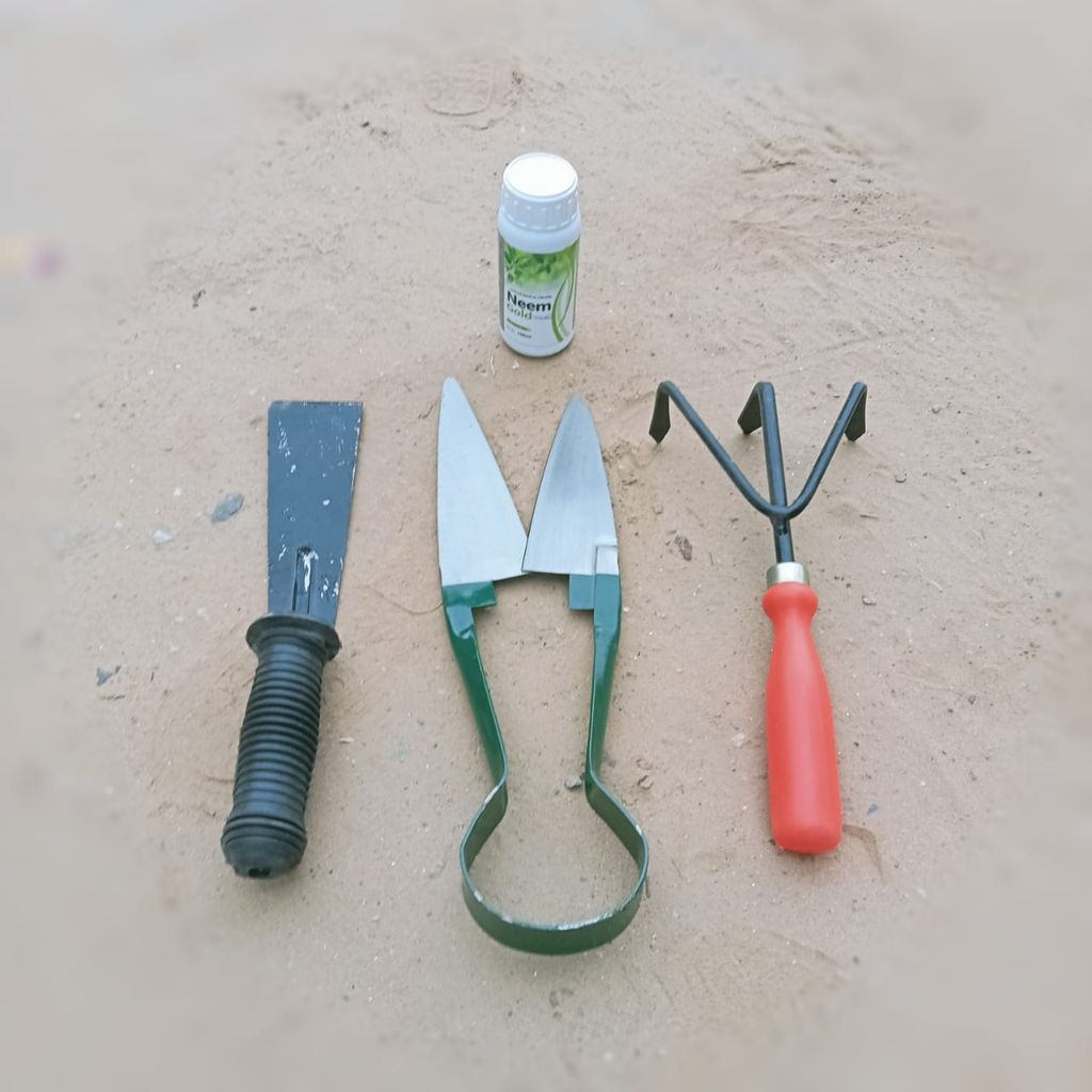 Set of 4 - Gardening Tools (Trowel / Khurp with rubber Handle ,Cutter, Hand Cultivator with Plastic Handle - 12 Inch & Neem oil - 100 ml)