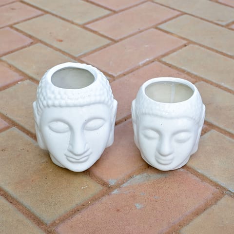 Set of 2 - 5 & 6 Inch White Buddha Designer Ceramic Pot