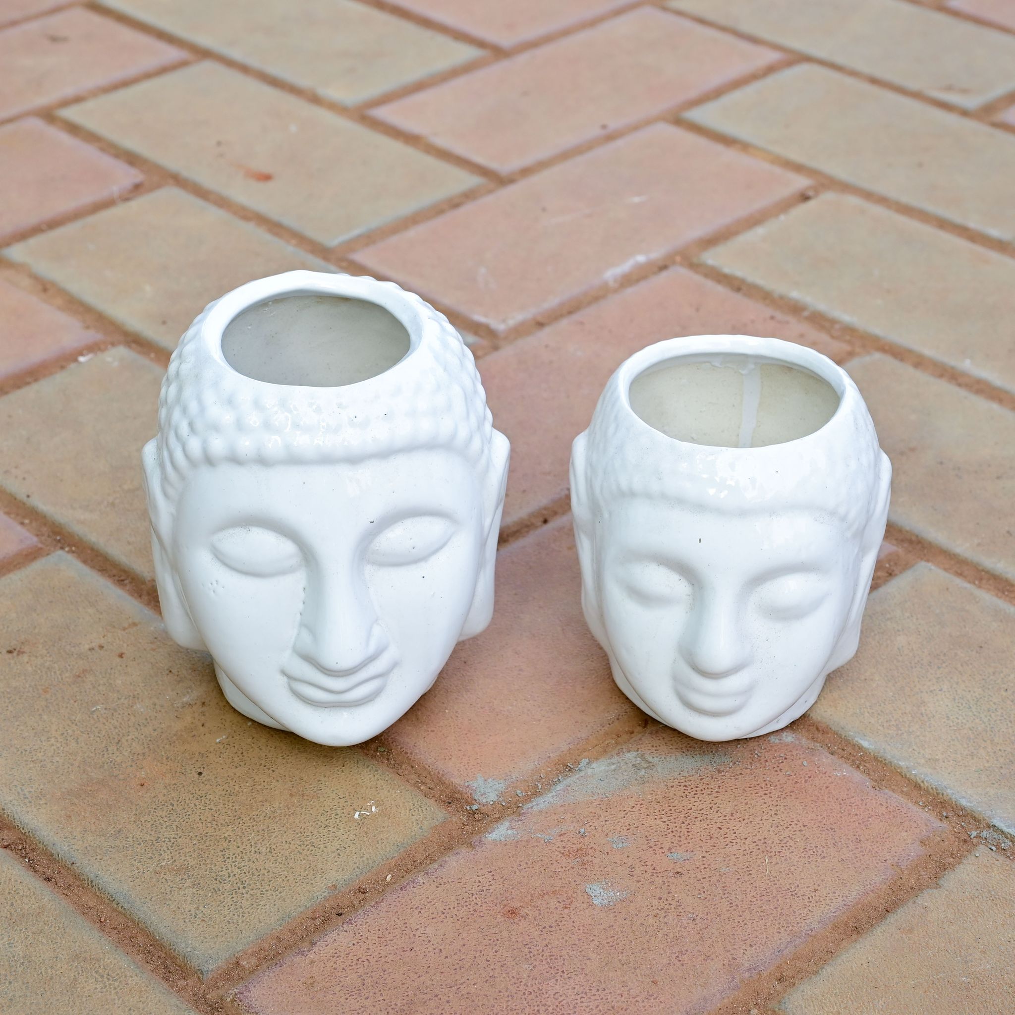Set of 2 - 5 & 6 Inch White Buddha Designer Ceramic Pot