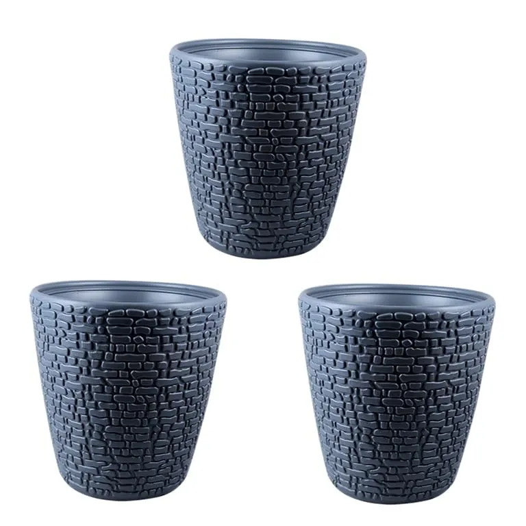 Set of 03 - 8 Inch Grey Premium Marble Plastic Pot