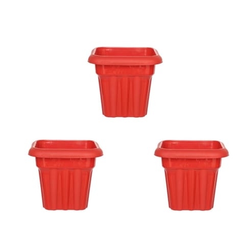 Set of 03 - 8 Inch Red Heavy Square Plastic Pot