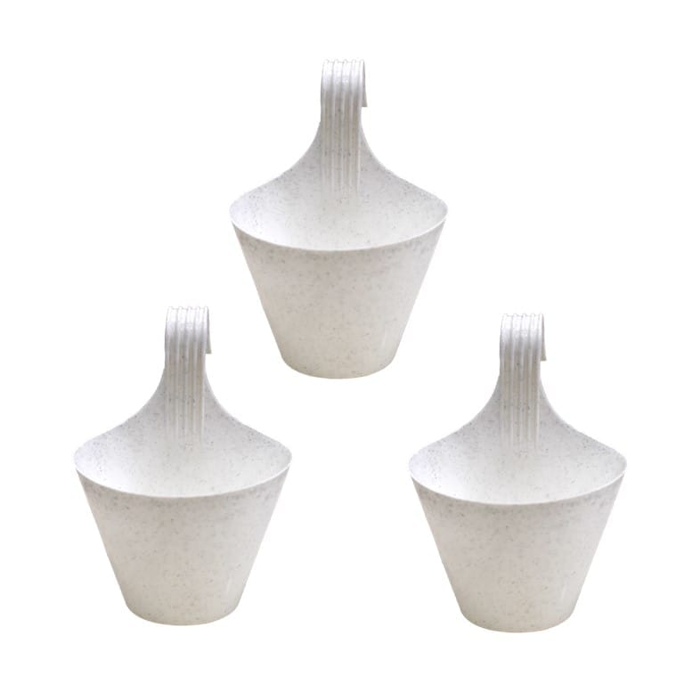 Set of 03 - 8 Inch White Single Hook Hanging Plastic Pot