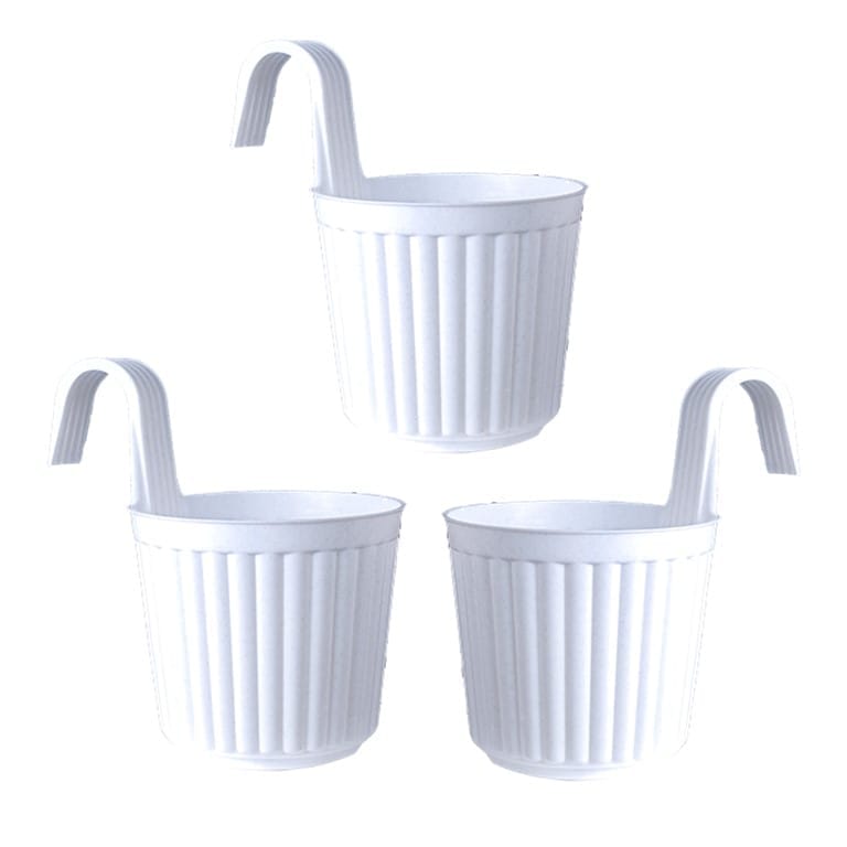 Set of 03 - 7 Inch White Railing Single Hook Hanging Plastic Pot