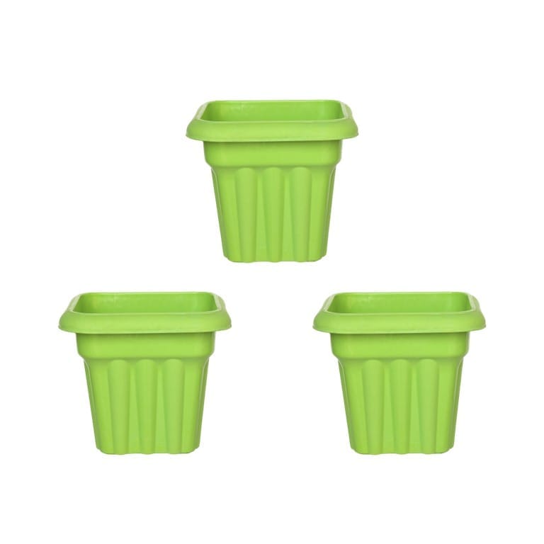 Set of 03 - 8 Inch Green Heavy Square Plastic Pots