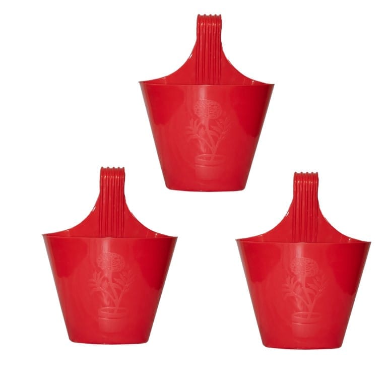 Set of 03 - 8 Inch Red Single Hook Hanging Plastic Pots