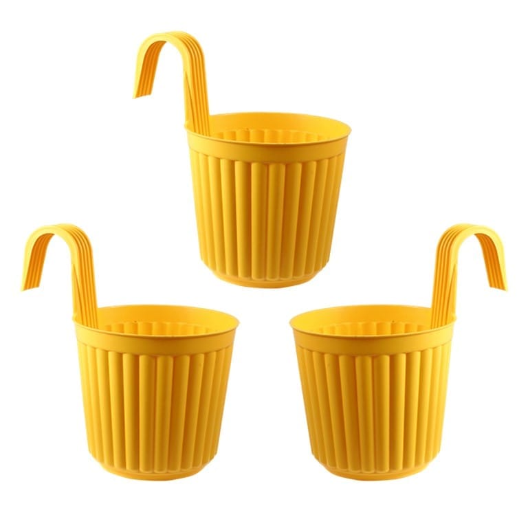 Set of 03 - 7 Inch Yellow Railing Single Hook Hanging Plastic Pot