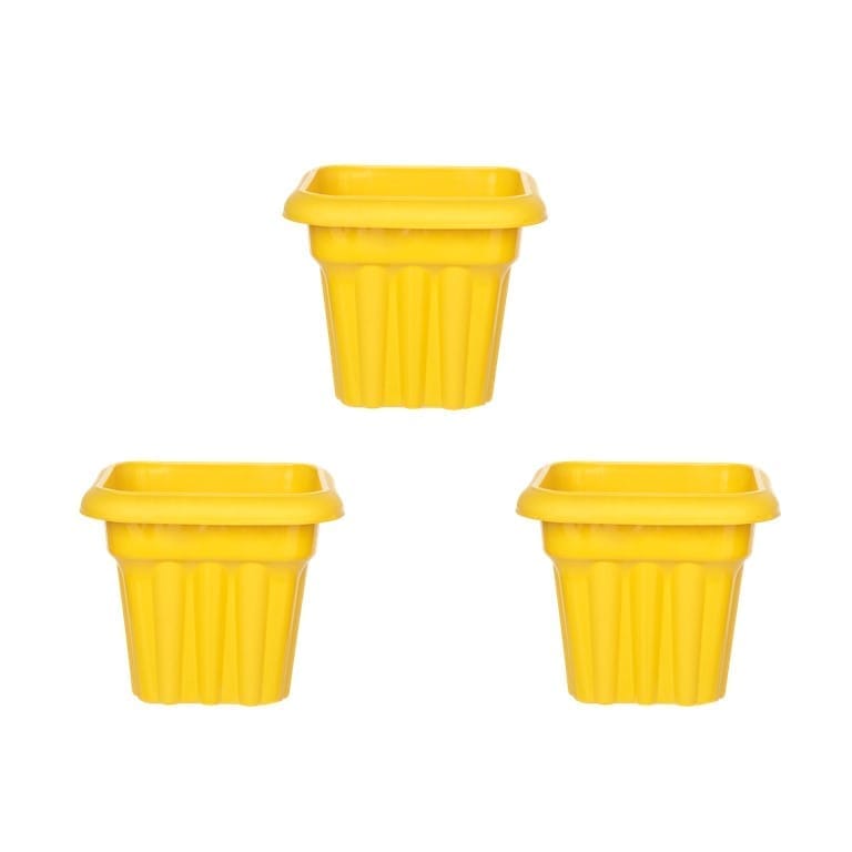 Set of 03 - 8 Inch Yellow Heavy Square Plastic Pot