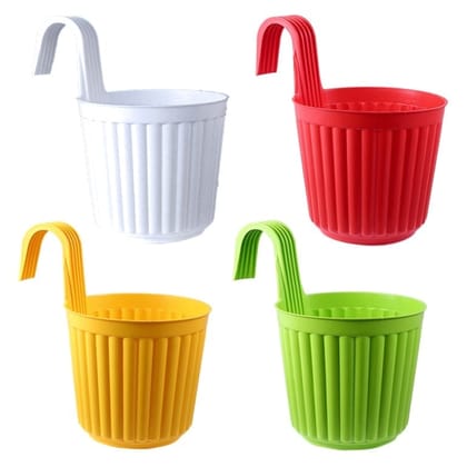Buy Set of 04 - 7 Inch (White, Green, Red, Yellow) Railing Single Hook Hanging Plastic Pot Online | Urvann.com