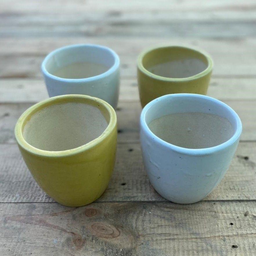 Set of 4 - 3 x 4 Inch (Yellow & White) Elegant Cup Ceramic Pot