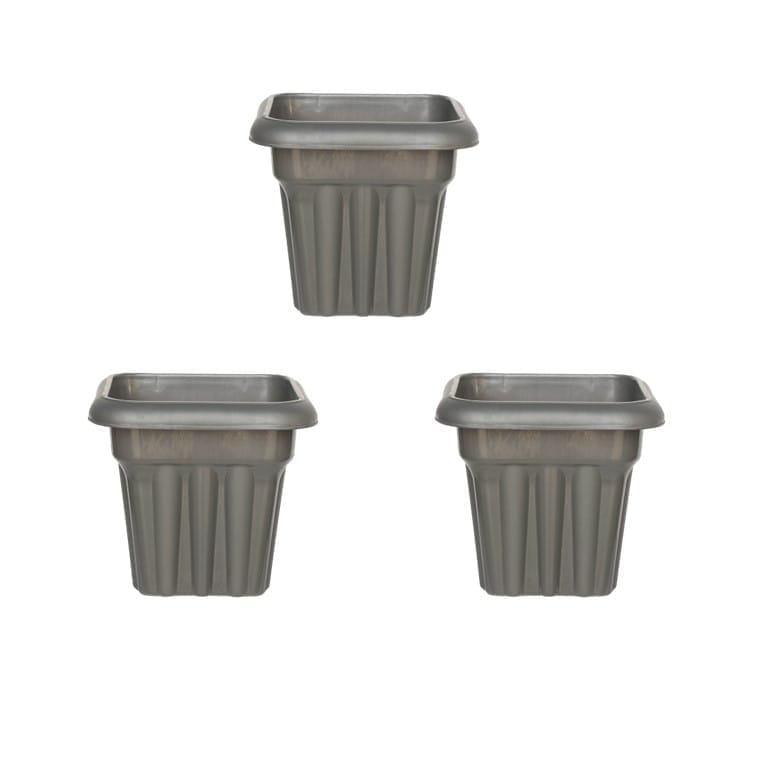Set of 03 - 8 Inch Grey Heavy Square Plastic Pot