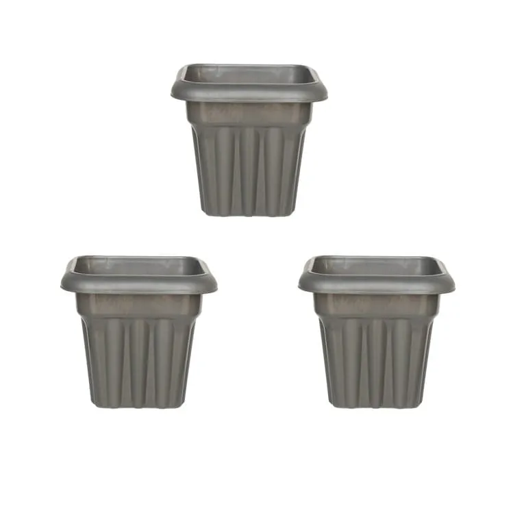 Set of 03 - 8 Inch Grey Heavy Square Plastic Pot