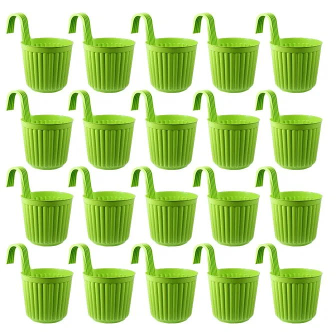 Set of 20 - 7 Inch Green Railing Single Hook Hanging Plastic Pot