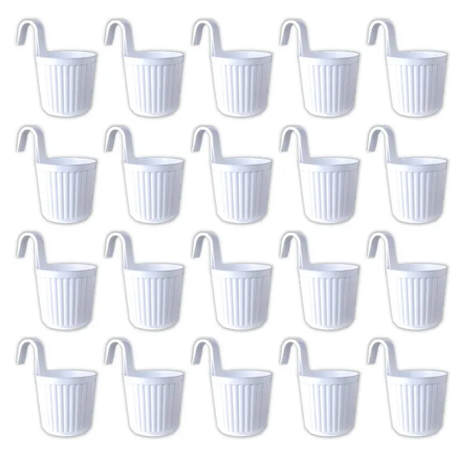Set of 20 - 7 Inch White Railing Single Hook Hanging Plastic Pot
