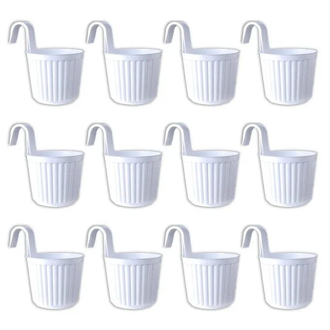 Set of 12 - 7 Inch White Railing Single Hook Hanging Plastic Pot