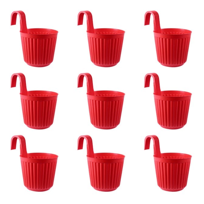 Set of 09 - 7 Inch Red Railing Single Hook Hanging Plastic Pot
