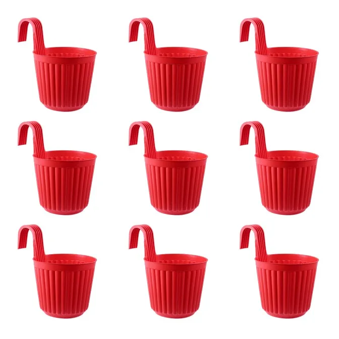 Set of 09 - 7 Inch Red Railing Single Hook Hanging Plastic Pot