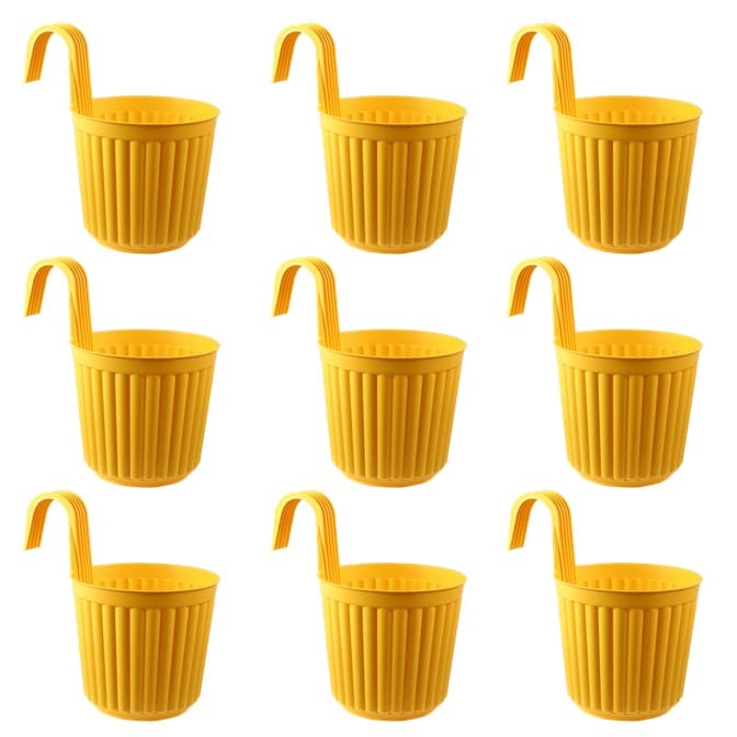 Set of 09 - 7 Inch Yellow Railing Single Hook Hanging Plastic Pots