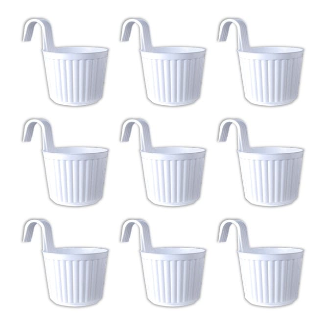 Set of 09 - 7 Inch White Railing Single Hook Hanging Plastic Pot
