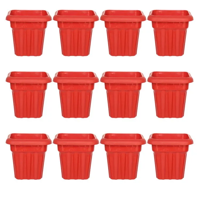 Set of 12 - 8 Inch Red Heavy Square Plastic Pot