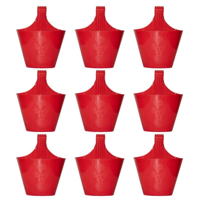 Set of 09 - 8 Inch Red Single Hook Hanging Plastic Pot