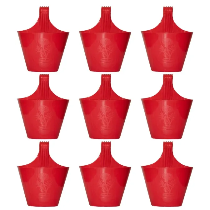 Set of 09 - 8 Inch Red Single Hook Hanging Plastic Pot