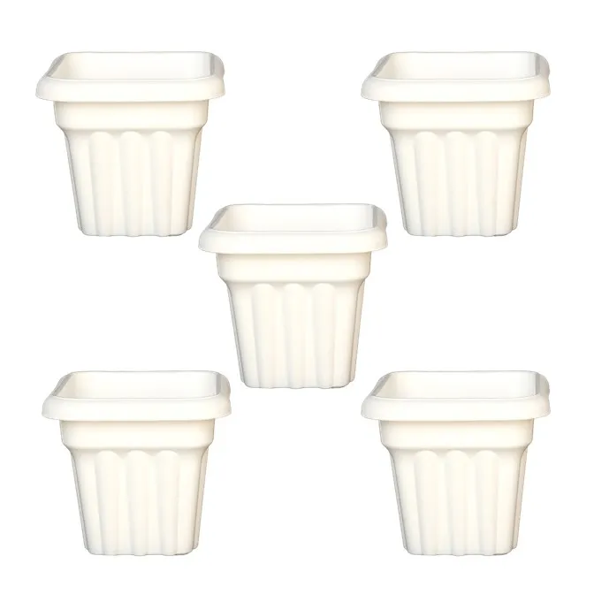 Set of 05 - 10 Inch White Heavy Square Plastic Pot