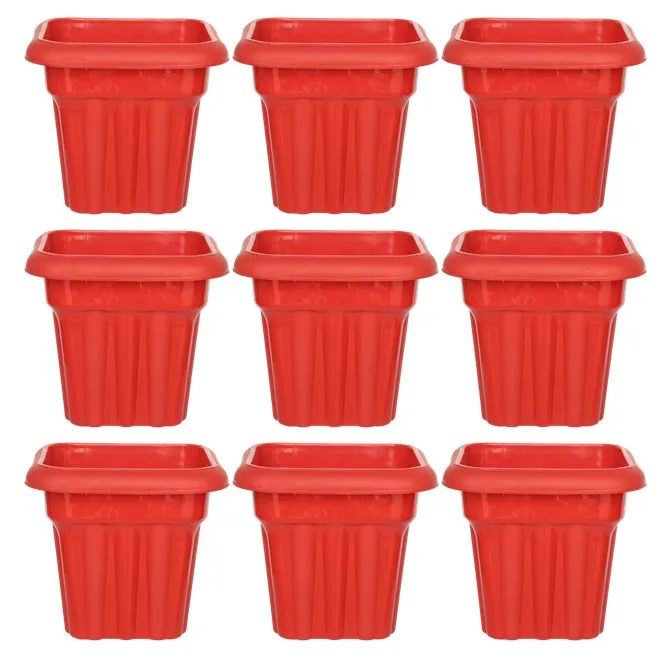 Set of 09 - 8 Inch Red Heavy Square Plastic Pot