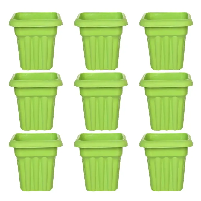 Set of 09 - 8 Inch Green Heavy Square Plastic Pot