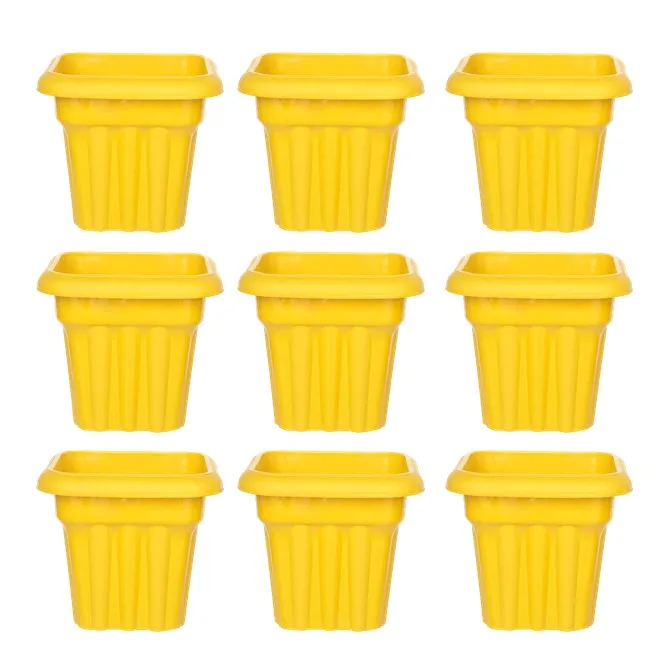 Set of 09 - 8 Inch Yellow Heavy Square Plastic Pot