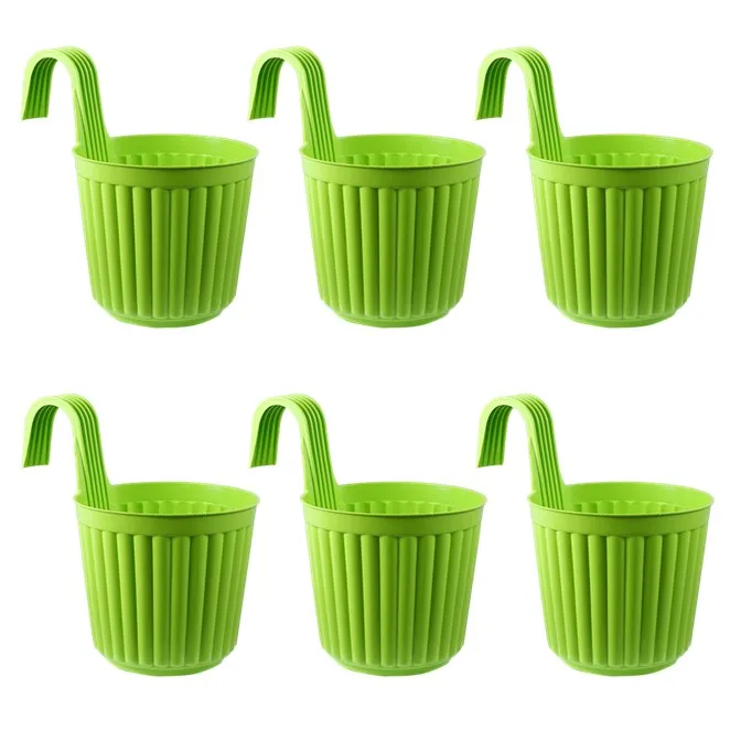 Set of 06 - 7 Inch Green Railing Single Hook Hanging Plastic Pot