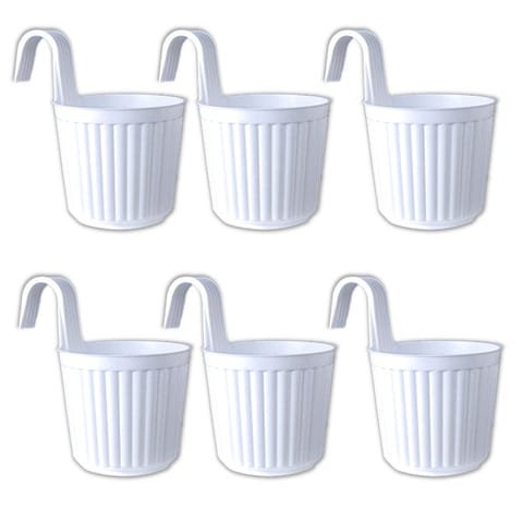 Set of 06 - 7 Inch White Railing Single Hook Hanging Plastic Pot