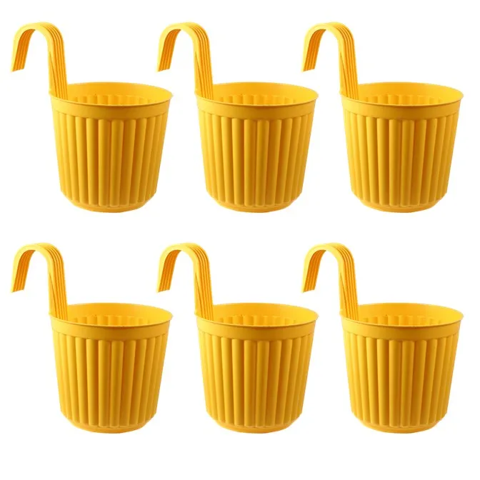 Set of 06 - 7 Inch Yellow Railing Single Hook Hanging Plastic Pots