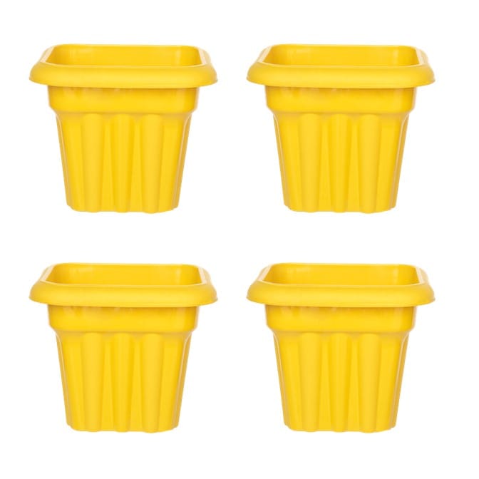 Set of 04 - 10 Inch Yellow Heavy Square Plastic Pot