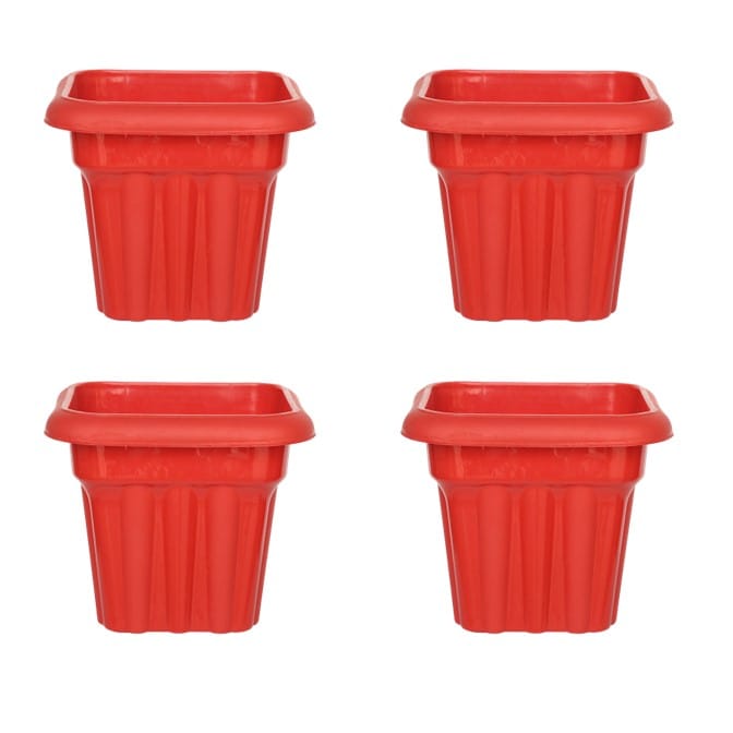 Set of 04 - 10 Inch Red Heavy Square Plastic Pots
