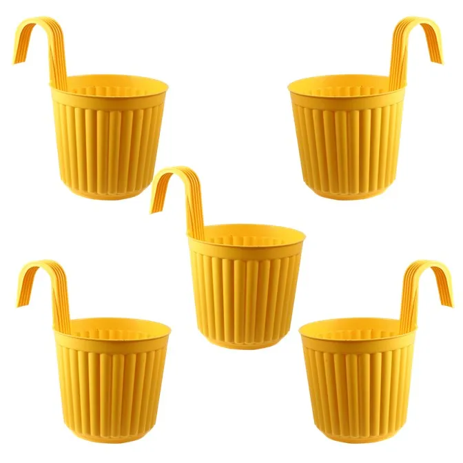Set of 05 - 7 Inch Yellow Railing Single Hook Hanging Plastic Pots