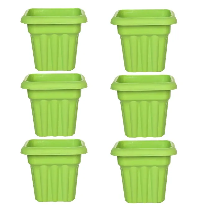 Set of 06 - 8 Inch Green Heavy Square Plastic Pot