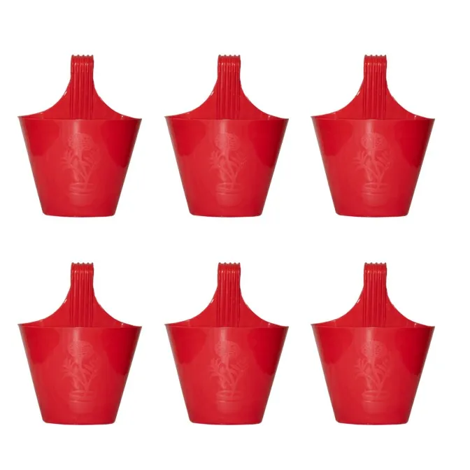 Set of 06 - 8 Inch Red Single Hook Hanging Plastic Pot