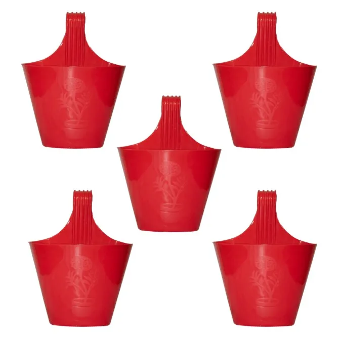 Set of 05 - 8 Inch Red Single Hook Hanging Plastic Pot
