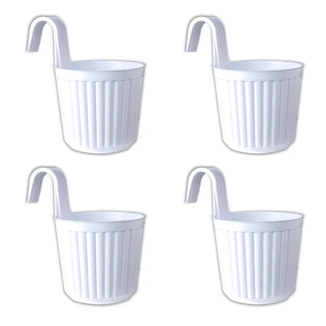 Set of 04 - 7 Inch White Railing Single Hook Hanging Plastic Pot
