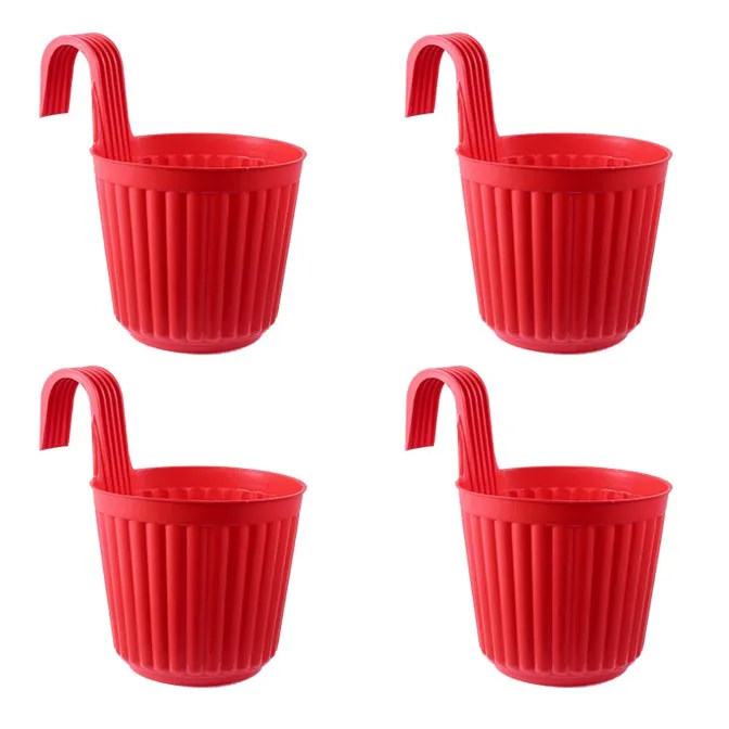 Set of 04 - 7 Inch Red Railing Single Hook Hanging Plastic Pot