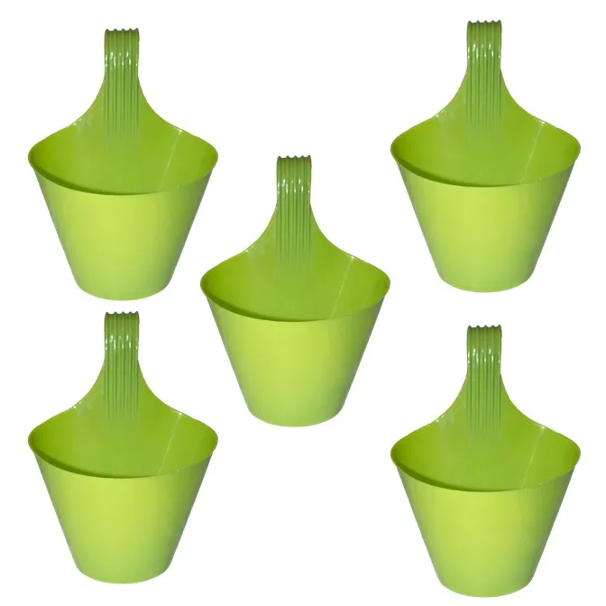 Set of 05 - 8 Inch Green Single Hook Hanging Plastic Pots