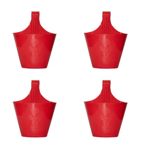 Set of 04 - 8 Inch Red Single Hook Hanging Plastic Pot