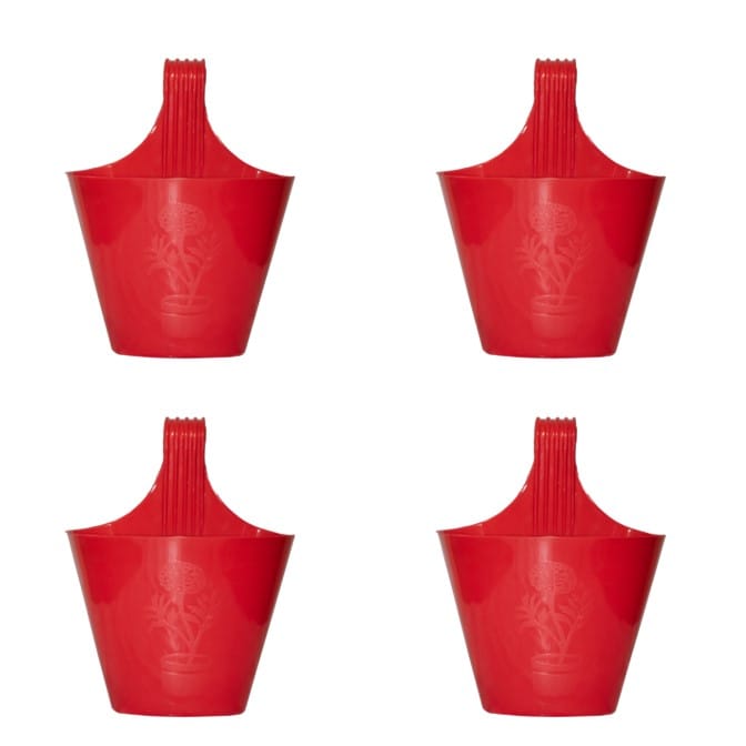 Set of 04 - 8 Inch Red Single Hook Hanging Plastic Pot