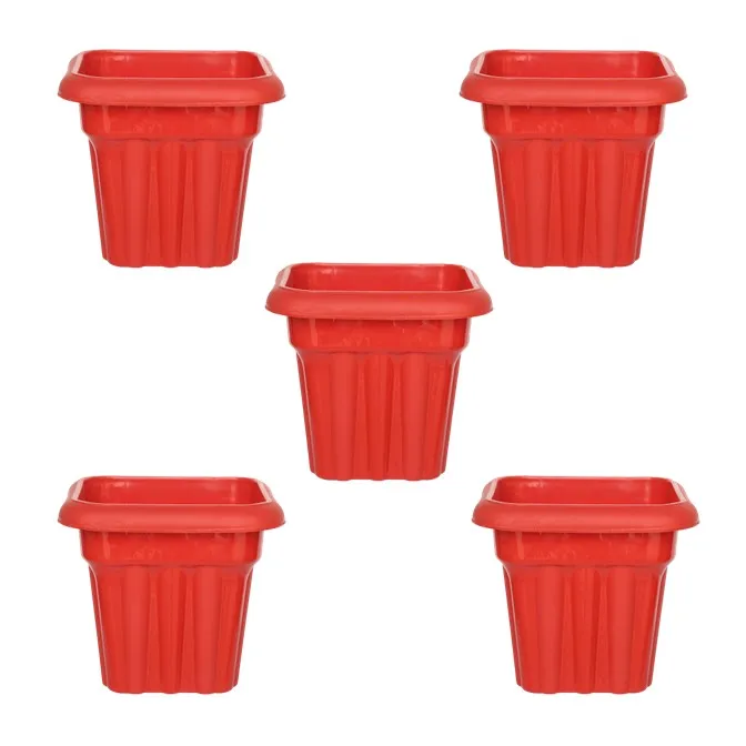 Set of 05 - 8 Inch Red Heavy Square Plastic Pot