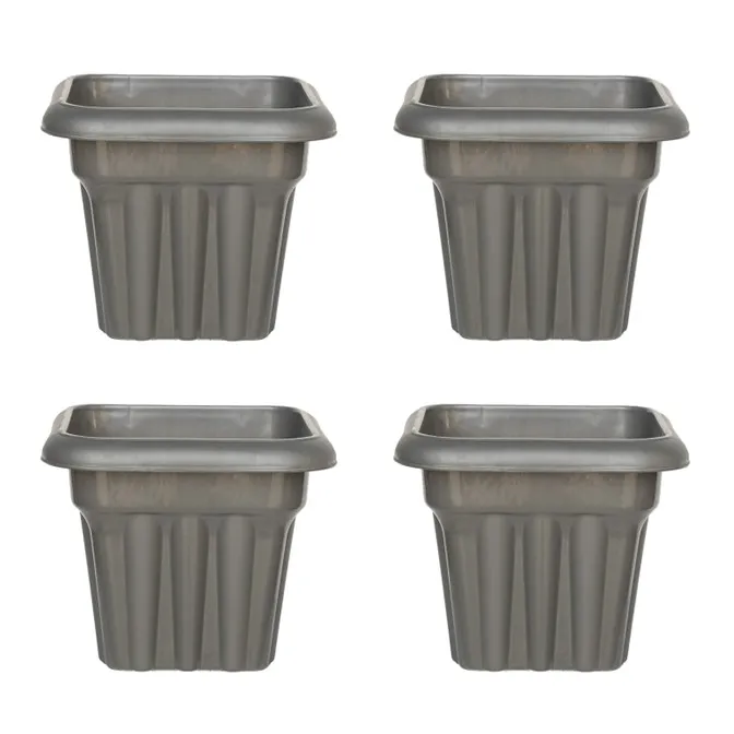 Set of 04 - 8 Inch Grey Heavy Square Plastic Pot