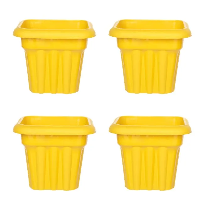 Set of 04 - 8 Inch Yellow Heavy Square Plastic Pot